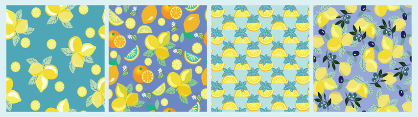 Obraz premium Set of seamless patterns with leaves, flowers and lemons.