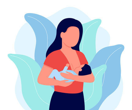 Breastfeeding, mother feeding newborn baby with breast in hands. Child boy drinks milk from the female breast. Breast feeding, happy mother day. Lactation. Vector illustration