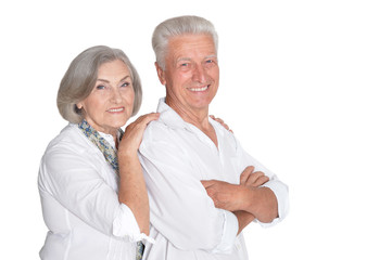 Portrait of happy senior couple on white background