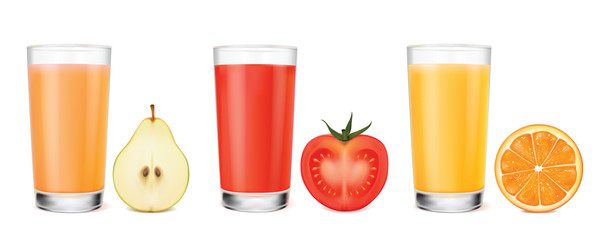 Set of glass with juice and fruits and vegetables on a white background