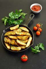 Fried potato wedges in frying pan
