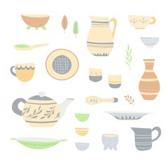 Set of handicraft dishes: bowls, cups, jugs, a teapot and etc.  Simple handmade patterns