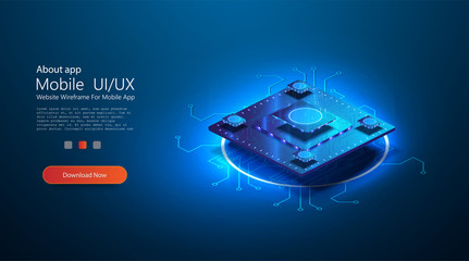 Futuristic microchip processor with lights on the blue background. Quantum computer, large data processing, database concept. CPU isometric banner. Central Computer Processors CPU concept.Digital chip