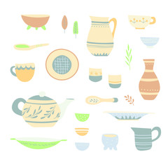 Set of handicraft dishes: bowls, cups, jugs, a teapot and etc.  Simple handmade patterns