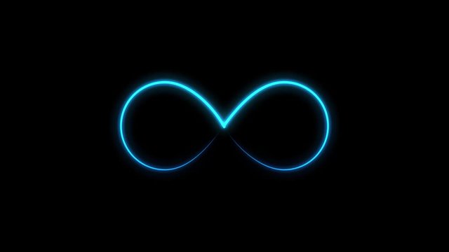 Animated infinity symbol with blue glow. Abstract Neon Glowing Infinity. On a black background.
