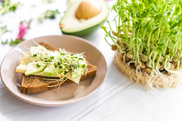 Sandwich with cheese and raw greenery in plate, healthy breakfast, dieting