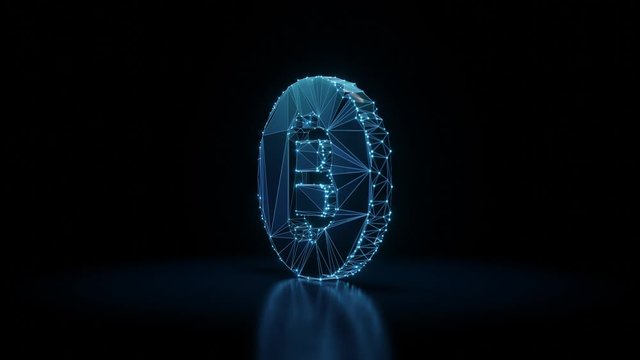 3d rendering seamless loop 4k rotation wireframe neon glowing symbol of bitcoin as coin with shining dots on black background with blured reflection on floor