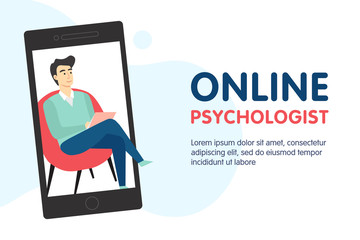 Psychologist online concept. Psychotherapy, psychological help, psychiatrist online consulting. Vector flat cartoon illustration