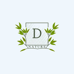 Green eco letters D logo with leaves in square shape. Initials with botanical elements with floral letter design for business identity style
