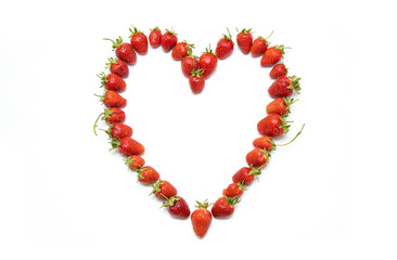 Top view, fresh strawberry in heart form symbol, isolated on white background. concept - love, diet and fruits.