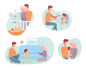 Vector character illustration parents with baby set