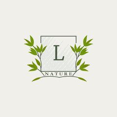 Green eco letters L logo with leaves in square shape. Initials with botanical elements with floral letter design for business identity style