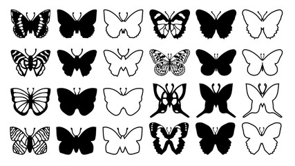 Butterflies carve, shadow and line set, Vector illustration.