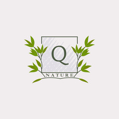 Green eco letters Q logo with leaves in square shape. Initials with botanical elements with floral letter design for business identity style