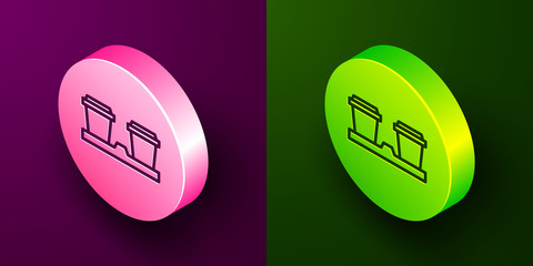 Isometric line Coffee cup to go icon isolated on purple and green background. Circle button. Vector Illustration.