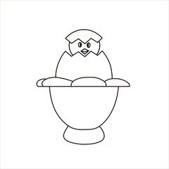 Hatching chick peeks out of egg. Opened white egg with broken shell on egg stand isolated vector illustration. Eggshell fragile broken, open and cracked oval egg. Outline drawing. Black contour.