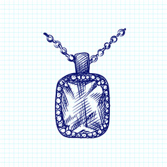 Hand-drawn sketch of decorative antique jewellery. Beautiful vintage necklace with pendant on a white background. Antique accessories. Old bijouterie.