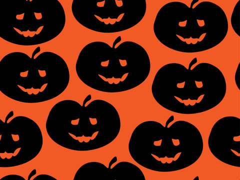 Halloween pumpkins silhouettes on orange background seamless pattern