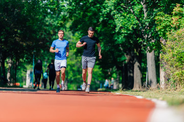 Fototapeta premium Two healthy young men running in the park on a sunny day..