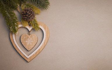 Christmas composition. Gifts, fir tree branches, decorations on holiday background. Christmas, winter, new year concept.