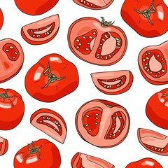 Vector red tomatoes seamless pattern. Hand drawn whole, sliced and half cut fresh tomato vegetables isolated on white background. Food ingredients cartoon texture for package, menu, recipe.