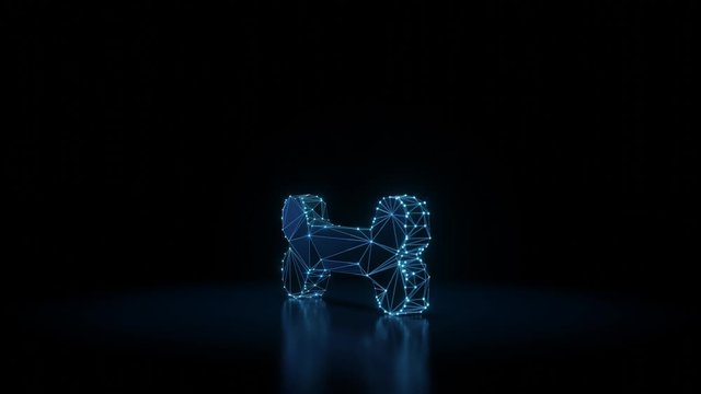 3d rendering seamless loop 4k rotation wireframe neon glowing symbol of single bone with shining dots on black background with blured reflection on floor