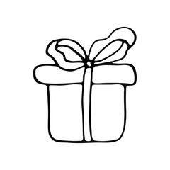 Isolated hand drawn illustration of christmas present or birthday gift in doodle style. Black and white line art for greeting card, invitation.