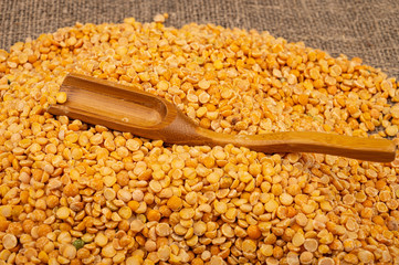 Yellow split peas scattered on a background of coarse-textured burlap. Traditional cereals for...