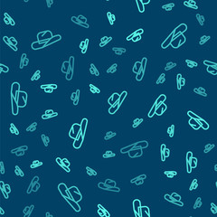 Green line Western cowboy hat icon isolated seamless pattern on blue background. Vector Illustration.