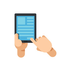 Hand holding digital tablet, touching screen, Flat design vector illustration