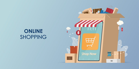 Fototapeta na wymiar Online shopping on mobile, Products in parcel box, Shopping vector, Vector Concept Marketing and Digital marketing, Shopping vector illustration.