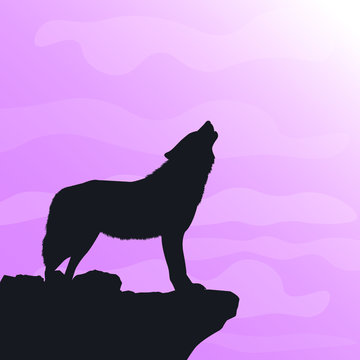 Silhouette of a howling wolf on a pink-purple sunset background. The habits of a wild beast. Simple spectacular picture.
Vector illustration