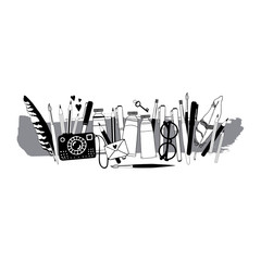 Hand drawn artist stuff on ink background. Black and white vector illustration