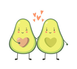 Cute Avocado couple character. Greeting card with sweet avocados and hearts. Vector illustration isolated on white background.