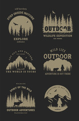 Journey into the wild. Set of emblem, t-shirt design on a dark background. Vector illustration.