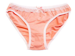 Panties isolated on a white background. Pink underpants in peas. Women's underwear.