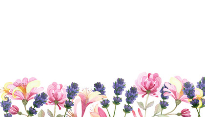 Watercolor hand painted nature floral line banner composition with purple lavender and pink honeysuckle flowers on branch on the white background for invite and greeting card with the space for text