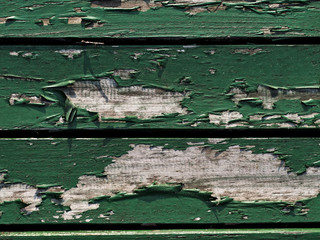Peeling green paint from wooden boards.