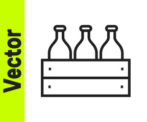 Black line Bottles of wine in a wooden box icon isolated on white background. Wine bottles in a wooden crate icon. Vector Illustration.