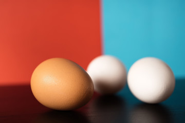 Farm white and brown chicken eggs, close-up and on a red-blue background