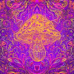 Magic mushrooms seamless pattern. Psychedelic hallucination. Vibrant vector illustration. 60s hippie colorful art.