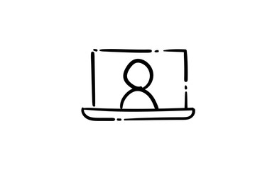 Video conference doodle icon. People on computer screen. Home office digital communication. Internet teaching media. Hand drawn illustration.