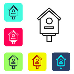 Black line Bird house icon isolated on white background. Nesting box birdhouse, homemade building for birds. Set icons in color square buttons. Vector Illustration.