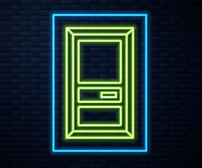 Glowing neon line Closed door icon isolated on brick wall background. Vector Illustration.