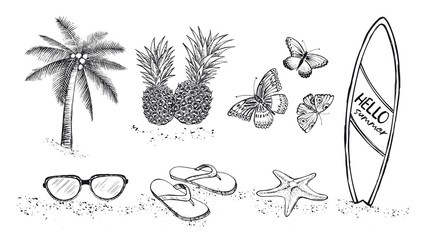 Obraz premium Hello Summer, palm tree, glasses, pineapple. Hand drawn illustration. 