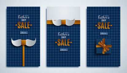 Fathers Day sale banner set. Concept for poster, flyer, banner. Holiday design, blue background, gift box, golden paper cut ribbon, bow tie knot, mustache, paper cut out art style, vector illustration