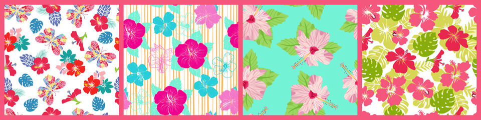 set of seamless patterns with Exotic hibiscus and tropical leaves