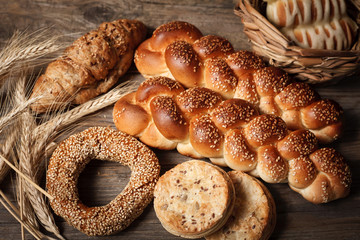 fresh bakery products on a wooden table