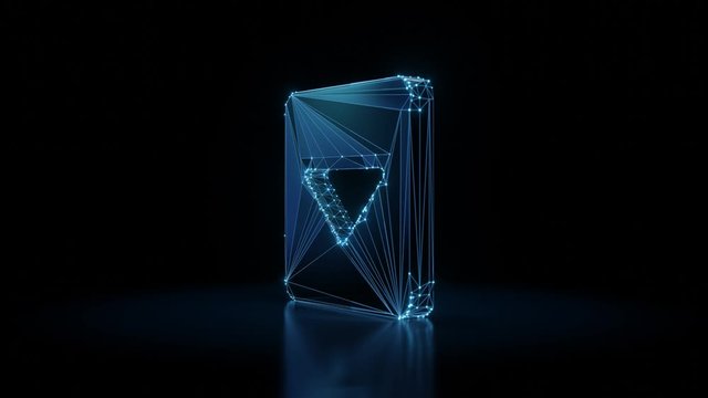 3d rendering seamless loop 4k rotation wireframe neon glowing symbol of caret square down with shining dots on black background with blured reflection on floor