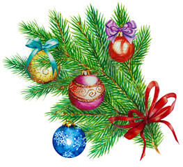 Branches of a Christmas tree with balls and bows, watercolor.